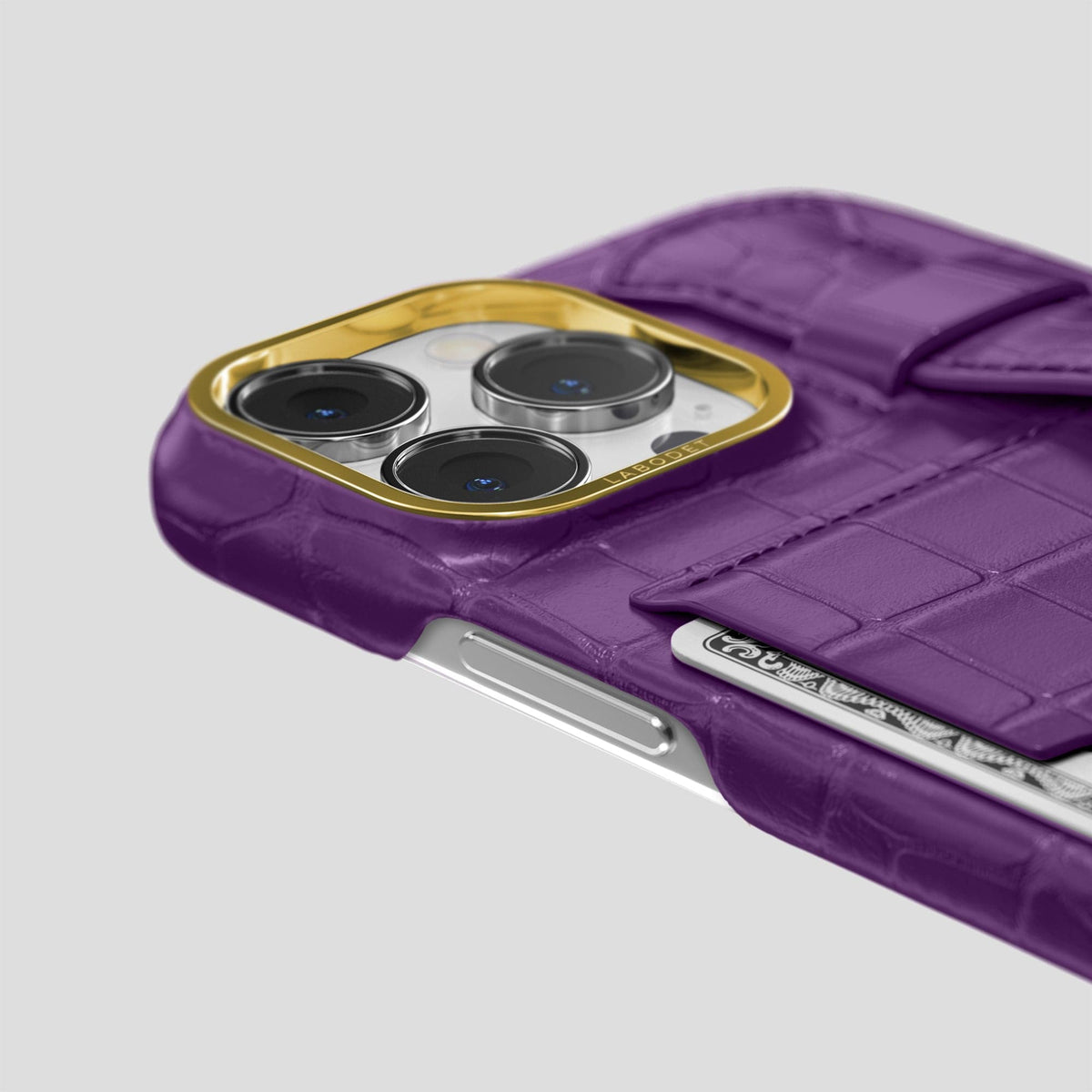 Purple iPhone 14 Pro Max Cardholder Strap Case Alligator with Gold Metal -5 | Purple-Gold