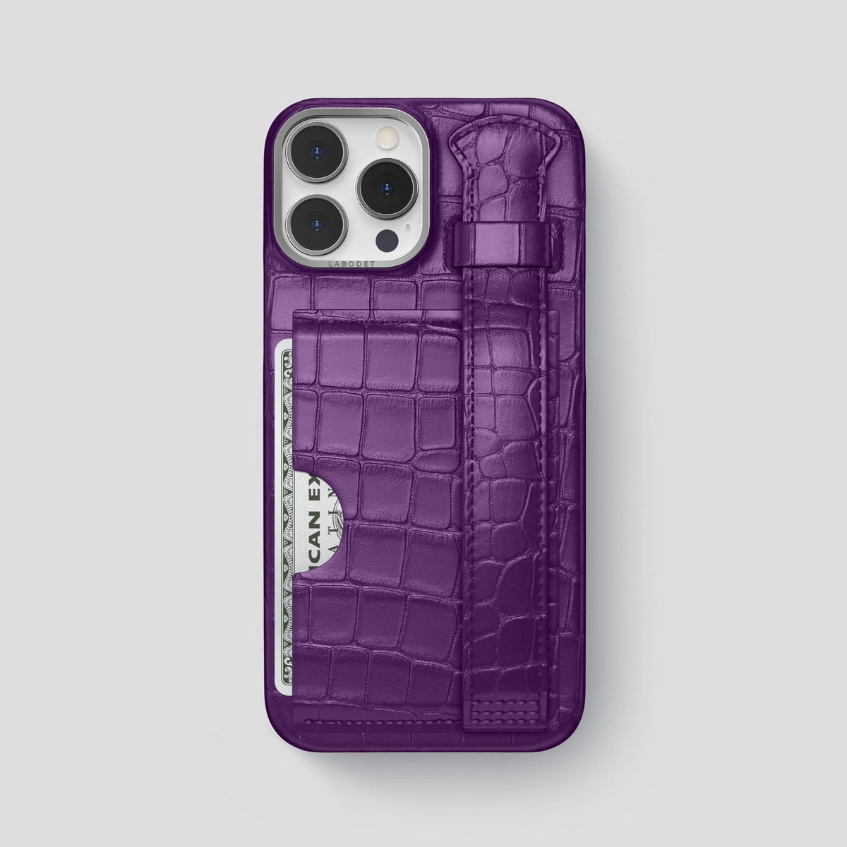 Purple iPhone 14 Pro Max Cardholder Strap Case Alligator with Steel Metal -1 | Purple-Steel