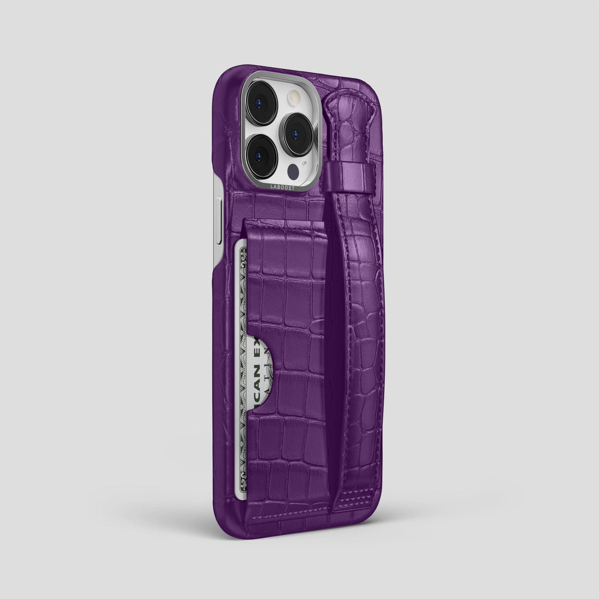 Purple iPhone 14 Pro Max Cardholder Strap Case Alligator with Steel Metal -2 | Purple-Steel
