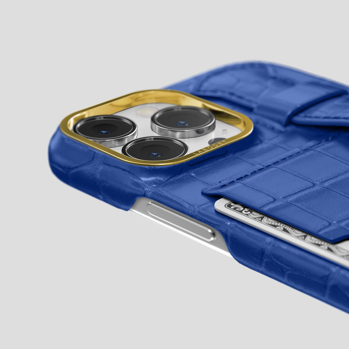 Royal Blue iPhone 14 Pro Max Cardholder Strap Case Alligator with Gold Metal -5 | Royal-Blue-Gold