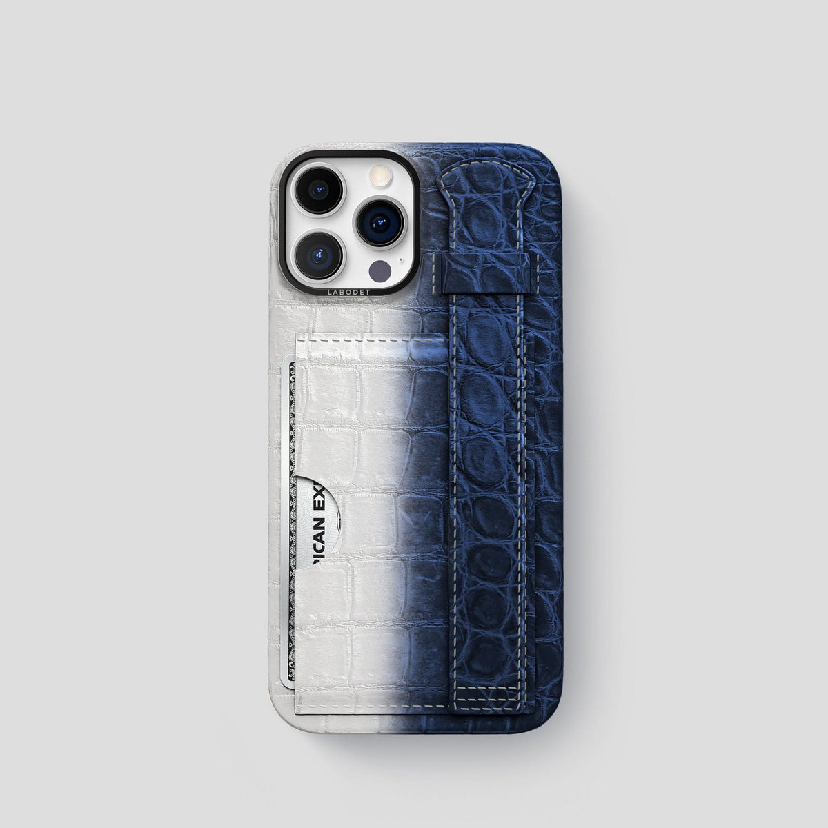 Navy Blue iPhone 14 Pro Cardholder Strap Himalayan Crocodile with Black Metal -1 | Navy-Blue-Black
