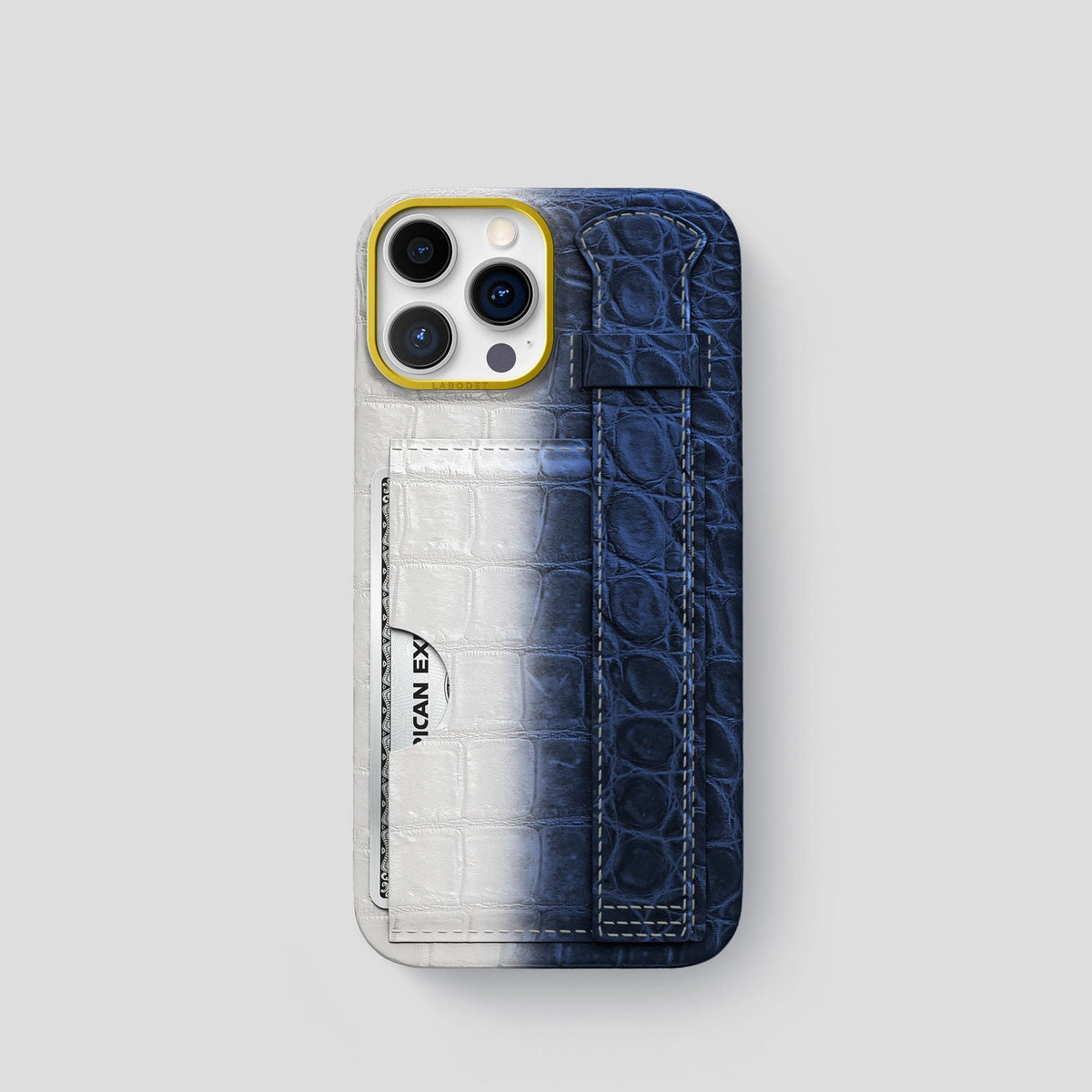 Navy Blue iPhone 14 Pro Cardholder Strap Himalayan Crocodile with Gold Metal -1 | Navy-Blue-Gold