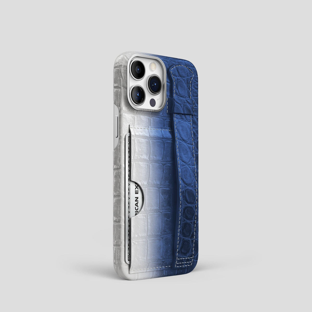Navy Blue iPhone 14 Pro Cardholder Strap Himalayan Crocodile with Steel Metal -2 | Navy-Blue-Steel