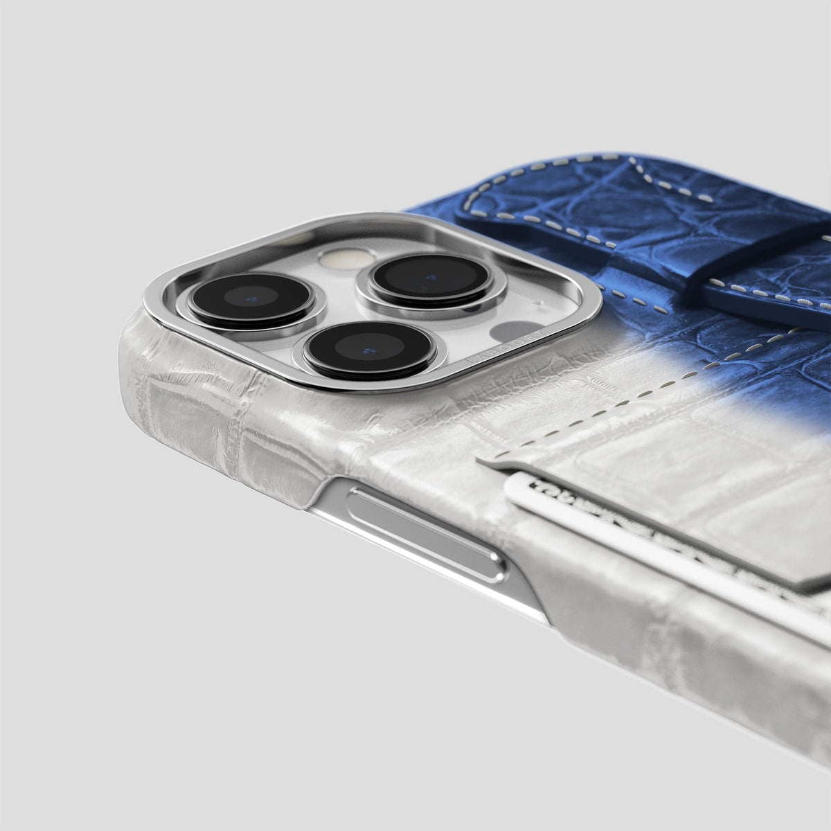 Navy Blue iPhone 14 Pro Cardholder Strap Himalayan Crocodile with Steel Metal -5 | Navy-Blue-Steel
