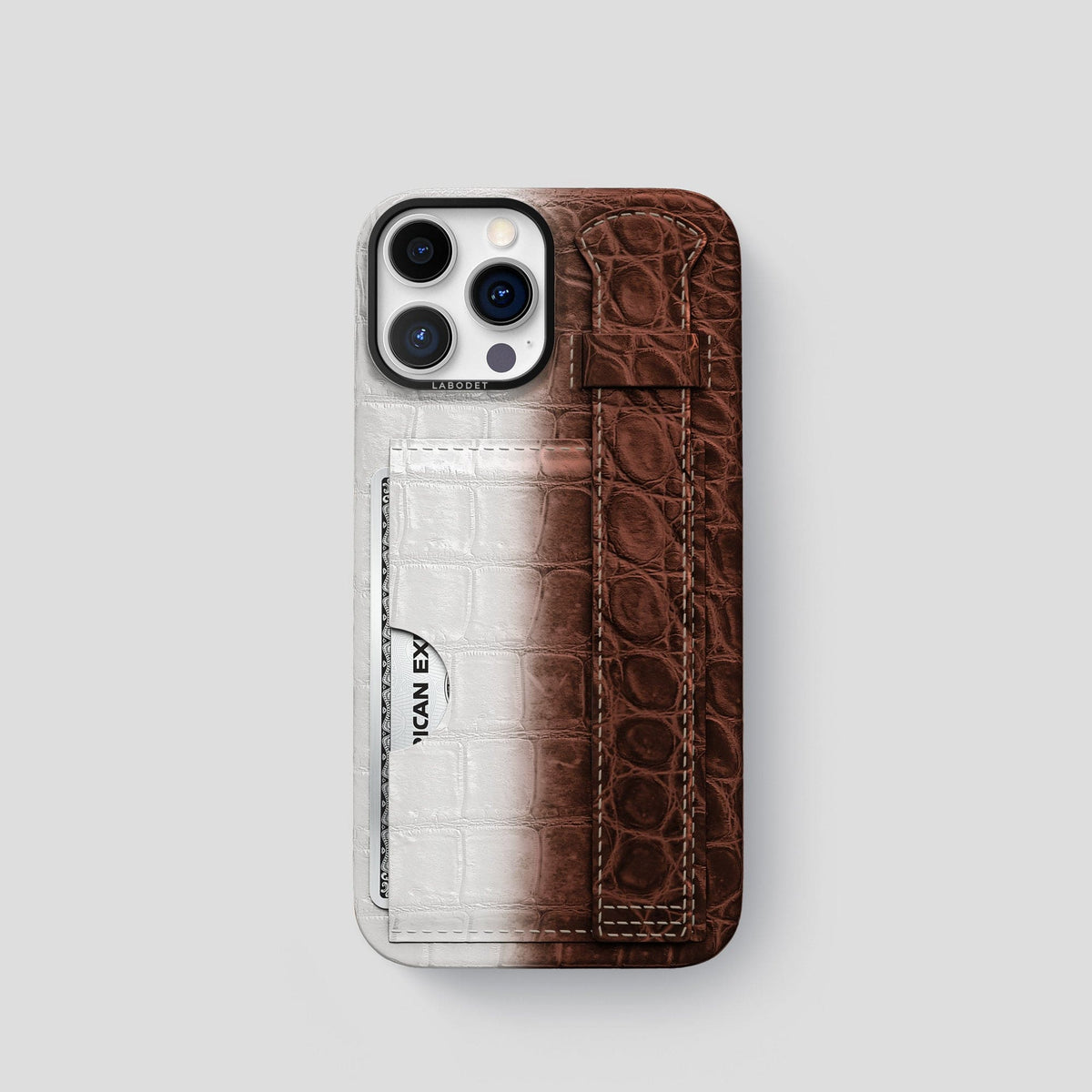 Dark Brown iPhone 14 Pro Cardholder Strap Himalayan Crocodile with Black Metal -1 | Dark-Brown-Black