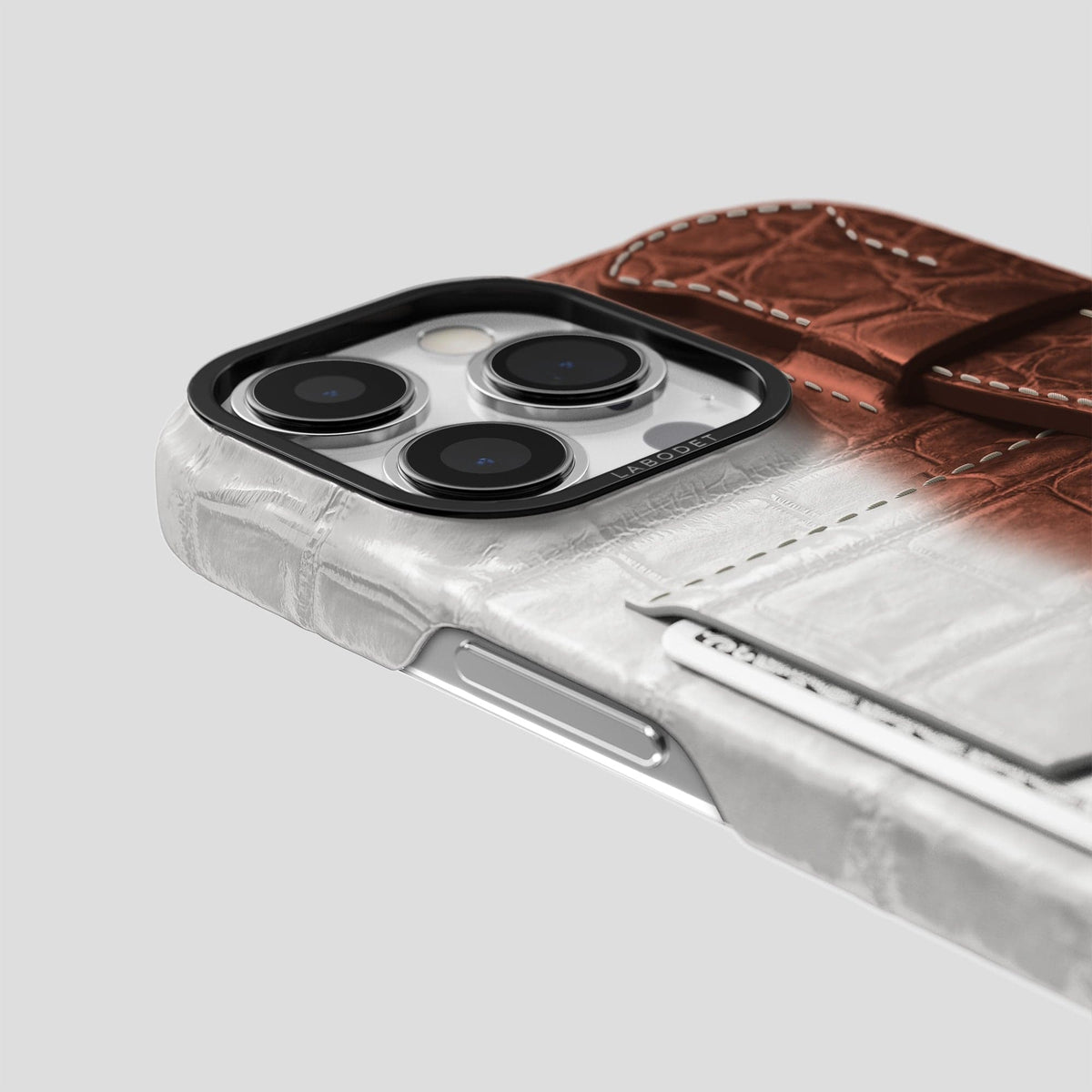 Dark Brown iPhone 14 Pro Cardholder Strap Himalayan Crocodile with Black Metal -5 | Dark-Brown-Black