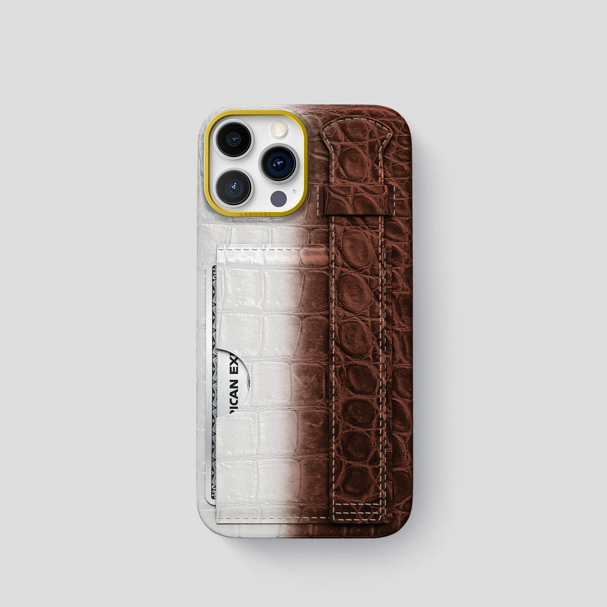 Dark Brown iPhone 14 Pro Cardholder Strap Himalayan Crocodile with Gold Metal -1 | Dark-Brown-Gold