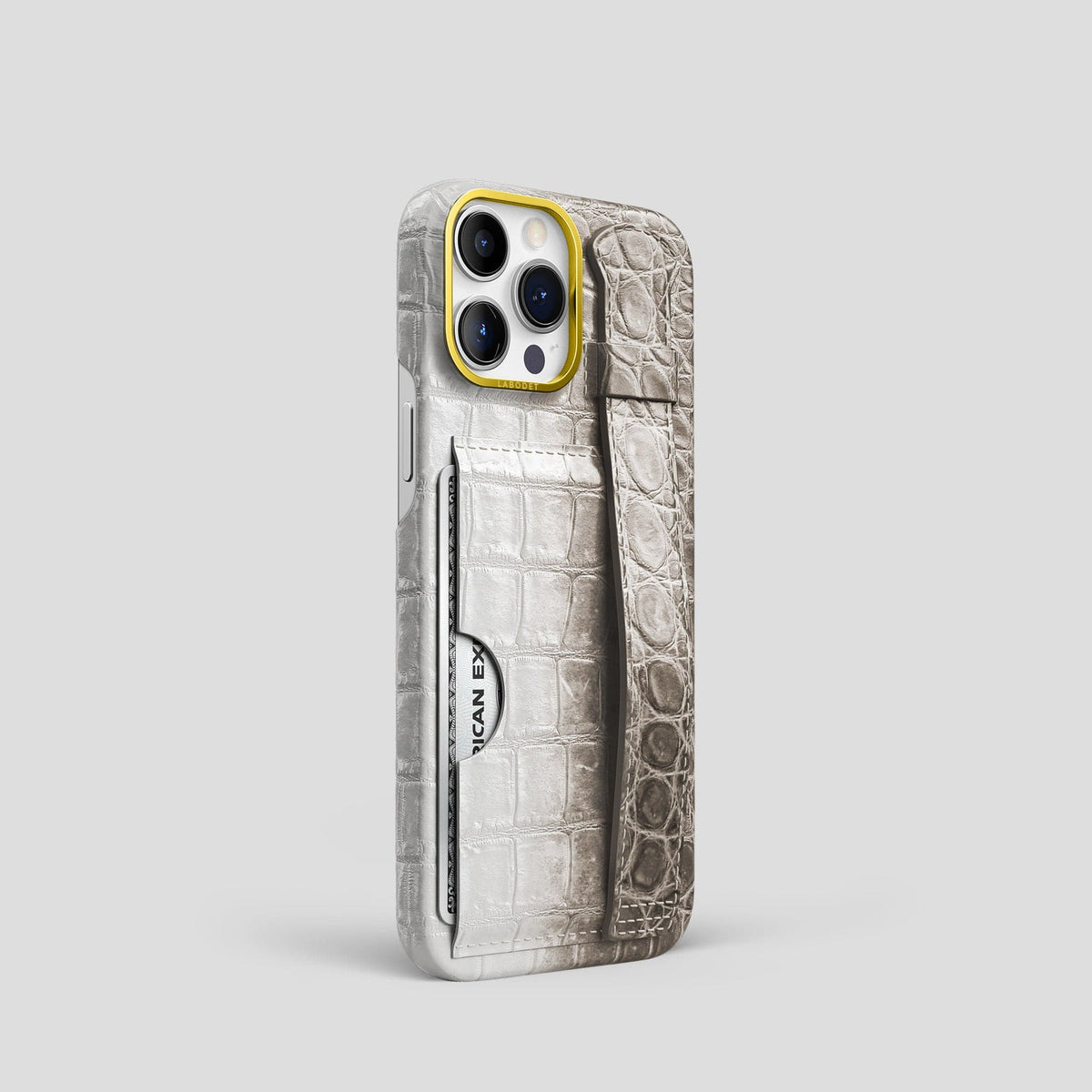 Dark iPhone 14 Pro Cardholder Strap Himalayan Crocodile with Gold Metal -2 | Dark-Gold