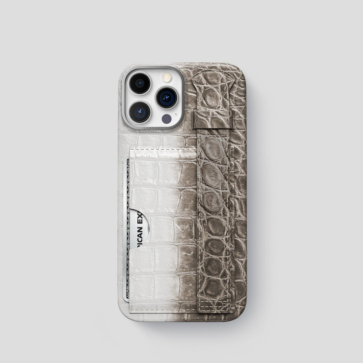 Dark iPhone 14 Pro Cardholder Strap Himalayan Crocodile with Steel Metal -1 | Dark-Steel