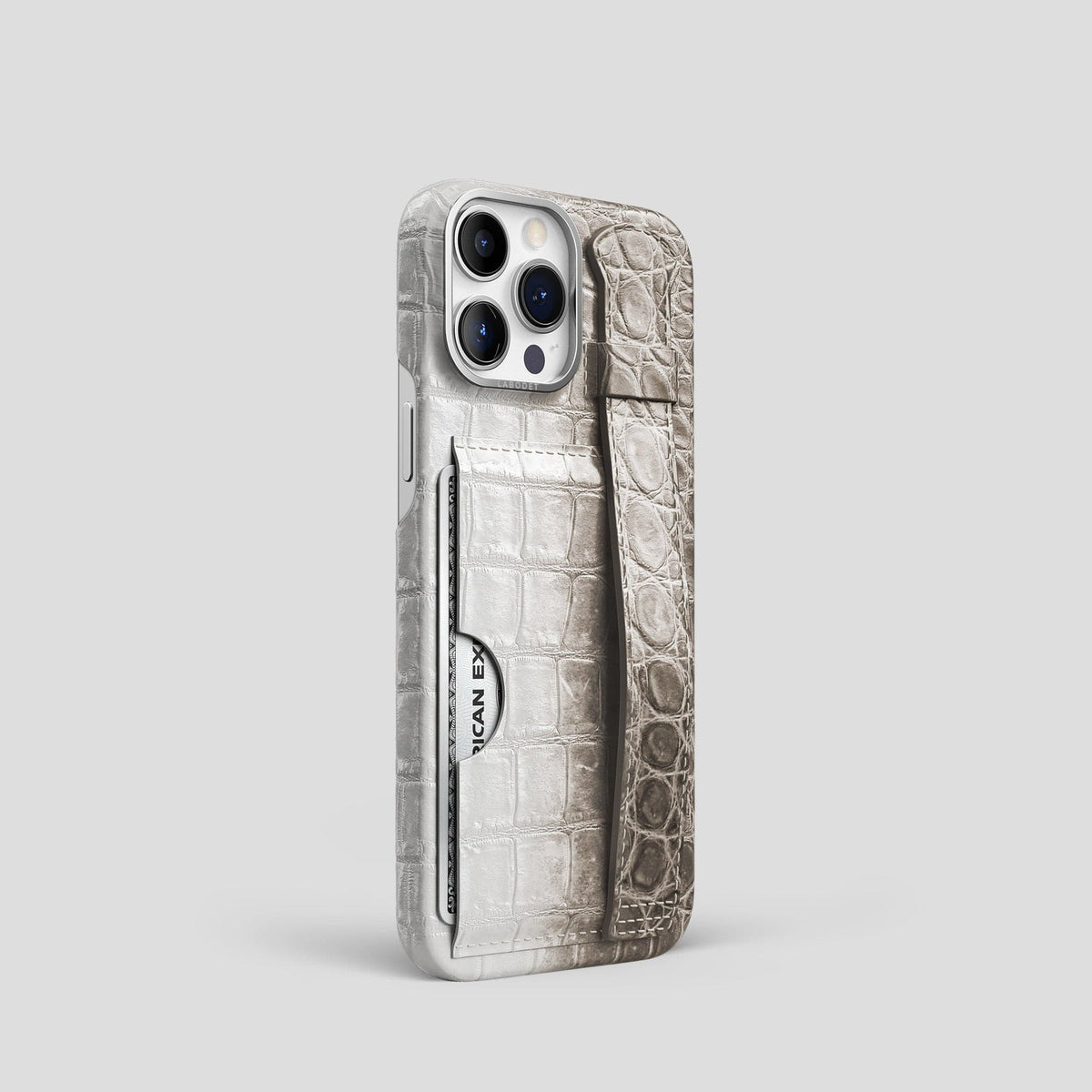 Dark iPhone 14 Pro Cardholder Strap Himalayan Crocodile with Steel Metal -2 | Dark-Steel