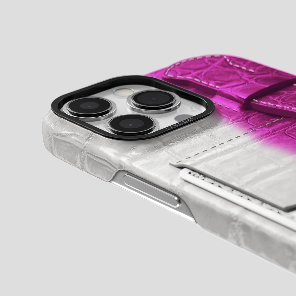 Fuchsia iPhone 14 Pro Cardholder Strap Himalayan Crocodile with Black Metal -5 | Fuchsia-Black