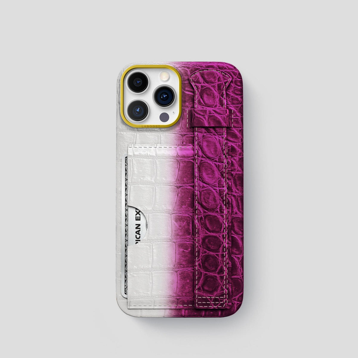 Fuchsia iPhone 14 Pro Cardholder Strap Himalayan Crocodile with Gold Metal -1 | Fuchsia-Gold