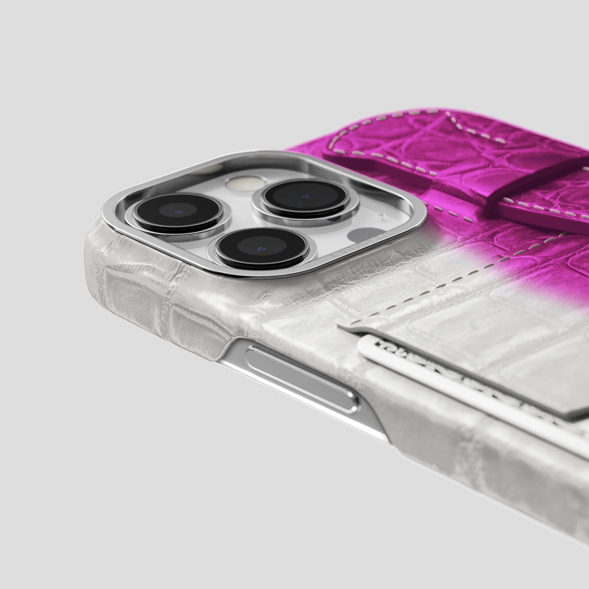 Fuchsia iPhone 14 Pro Cardholder Strap Himalayan Crocodile with Steel Metal -5 | Fuchsia-Steel