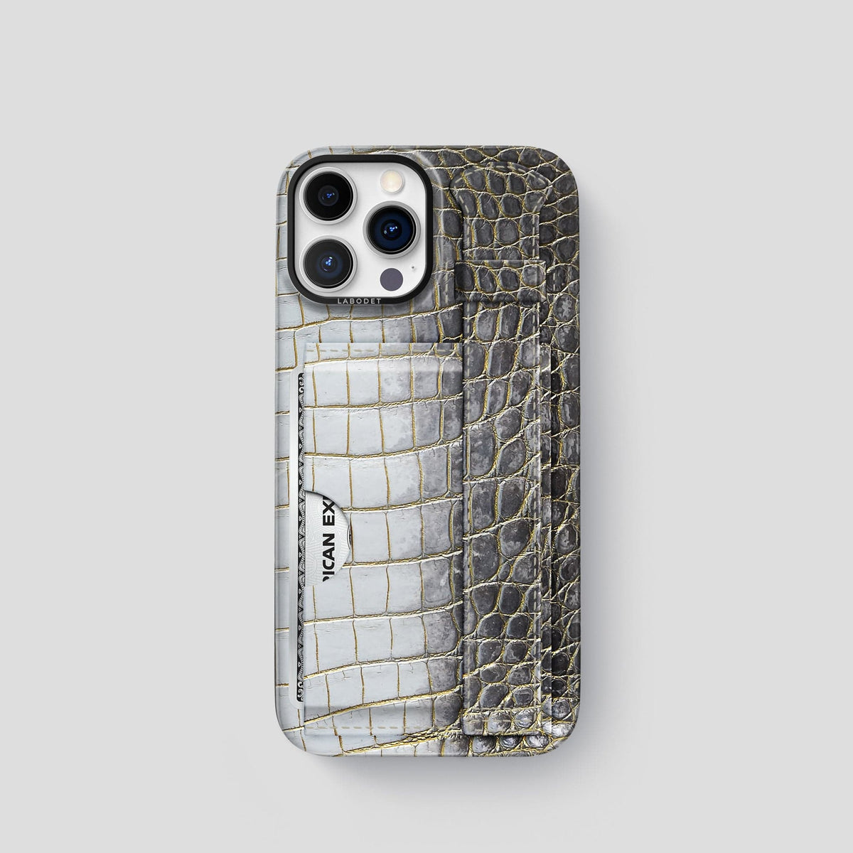 Gold iPhone 14 Pro Cardholder Strap Himalayan Crocodile with Black Metal -1 | Gold-Black