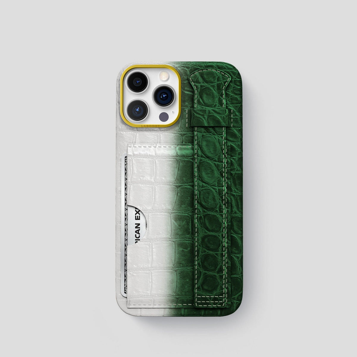 Green iPhone 14 Pro Cardholder Strap Himalayan Crocodile with Gold Metal -1 | Green-Gold