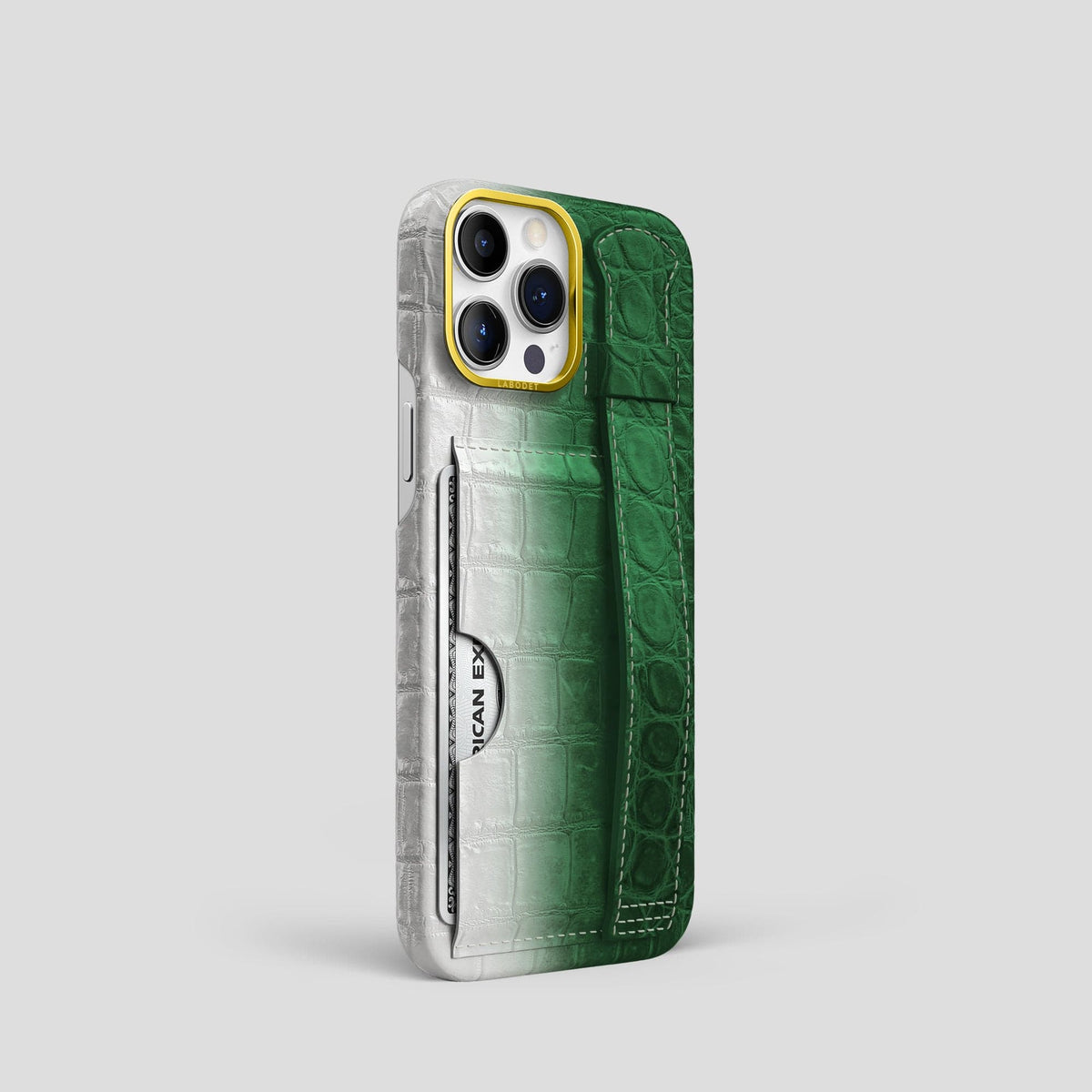 Green iPhone 14 Pro Cardholder Strap Himalayan Crocodile with Gold Metal -2 | Green-Gold