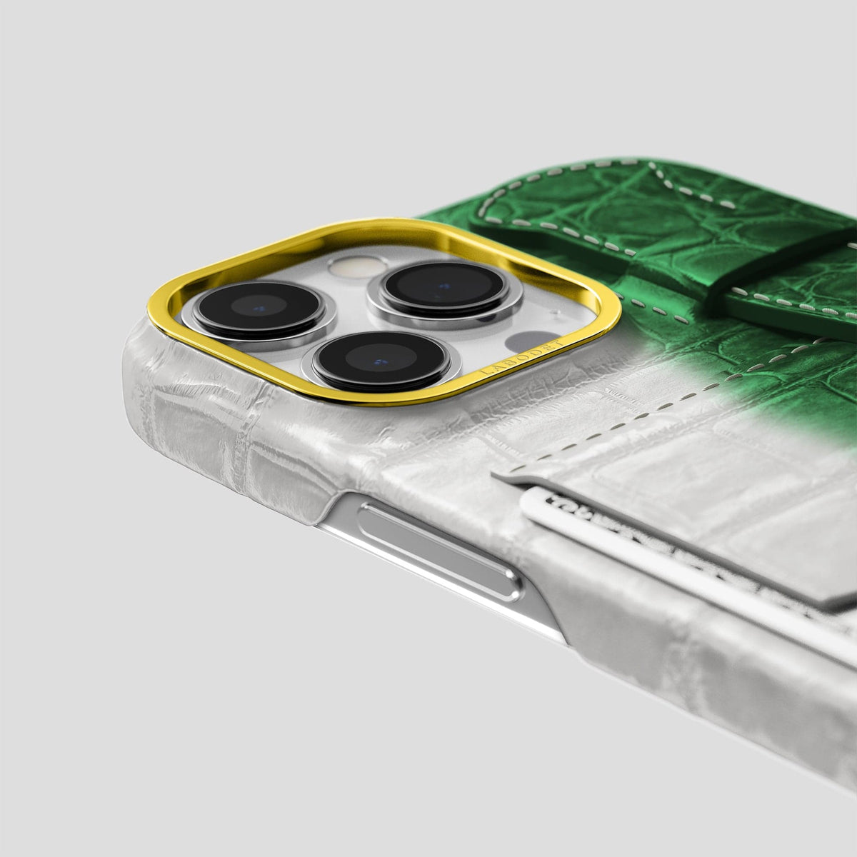 Green iPhone 14 Pro Cardholder Strap Himalayan Crocodile with Gold Metal -5 | Green-Gold