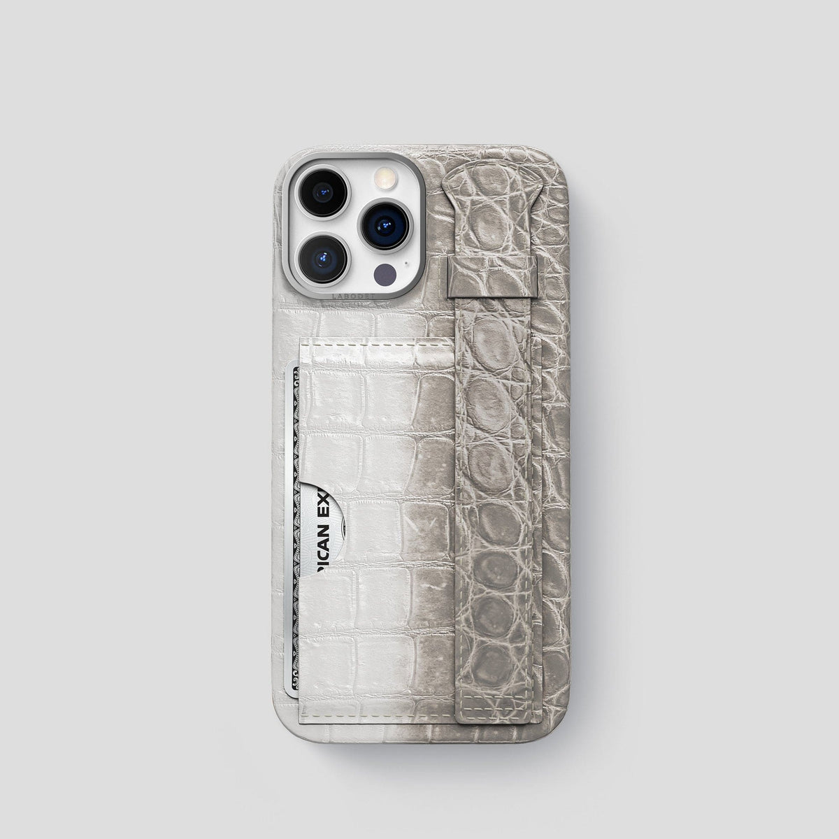 Grey iPhone 14 Pro Cardholder Strap Himalayan Crocodile with Steel Metal -1 | Grey-Steel