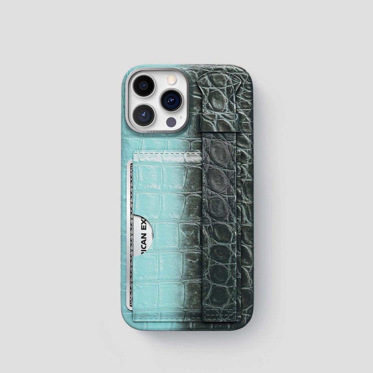 Light-Mint iPhone 14 Pro Cardholder Strap Himalayan Crocodile with Steel Metal -1 | Light-Mint-Steel