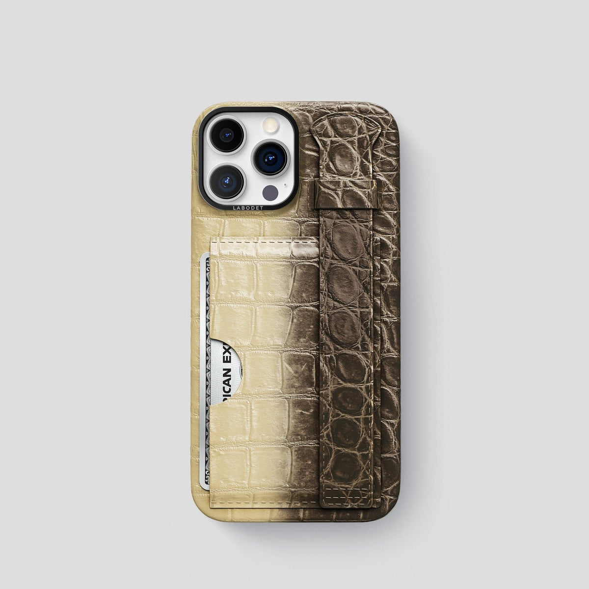Natural iPhone 14 Pro Cardholder Strap Himalayan Crocodile with Black Metal -1 | Natural-Black