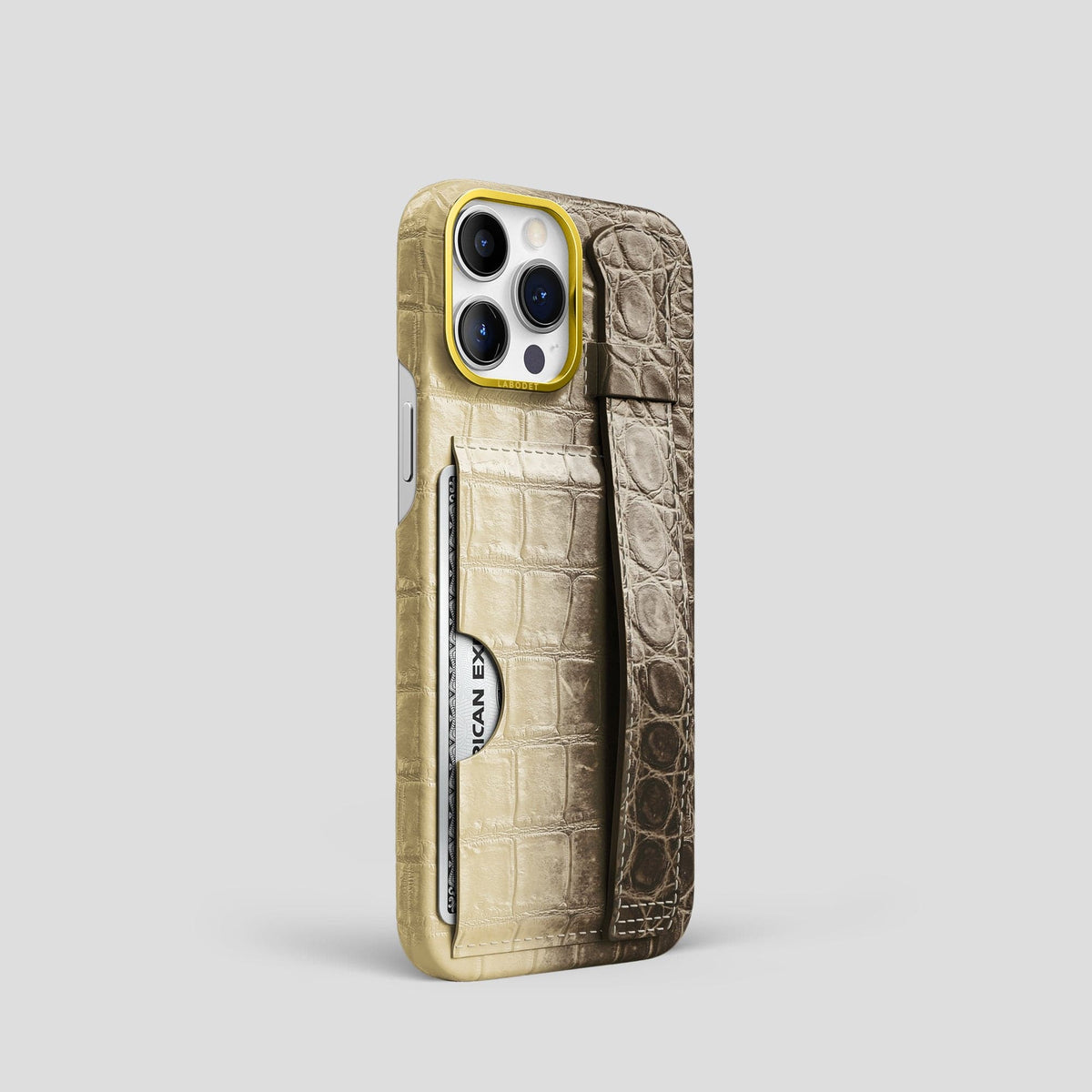 Natural iPhone 14 Pro Cardholder Strap Himalayan Crocodile with Gold Metal -2 | Natural-Gold