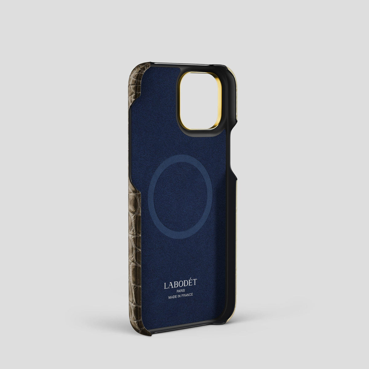 Natural iPhone 14 Pro Cardholder Strap Himalayan Crocodile with Gold Metal -4 | Natural-Gold