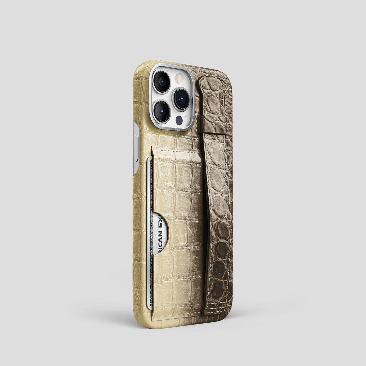 Natural iPhone 14 Pro Cardholder Strap Himalayan Crocodile with Steel Metal -2 | Natural-Steel