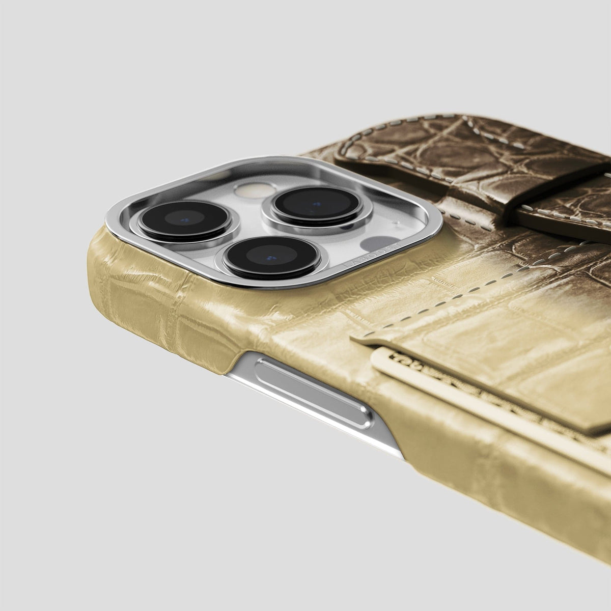 Natural iPhone 14 Pro Cardholder Strap Himalayan Crocodile with Steel Metal -5 | Natural-Steel