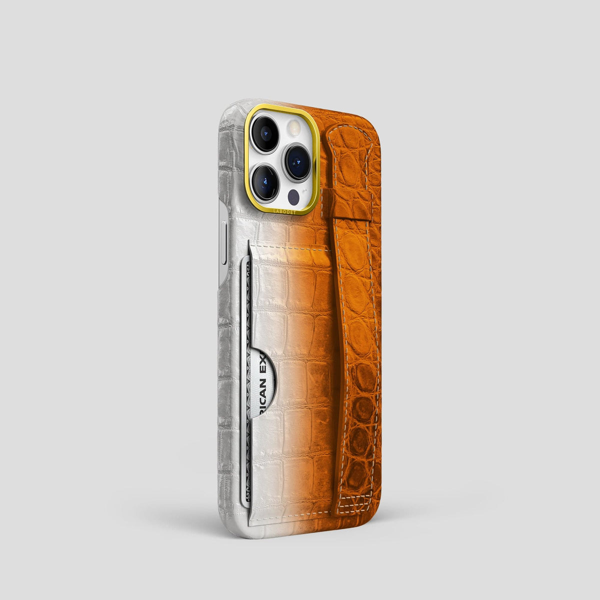 Orange iPhone 14 Pro Cardholder Strap Himalayan Crocodile with Gold Metal -2 | Orange-Gold
