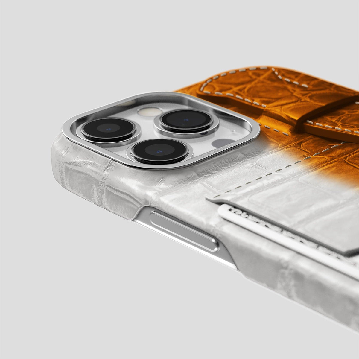 Orange iPhone 14 Pro Cardholder Strap Himalayan Crocodile with Steel Metal -5 | Orange-Steel