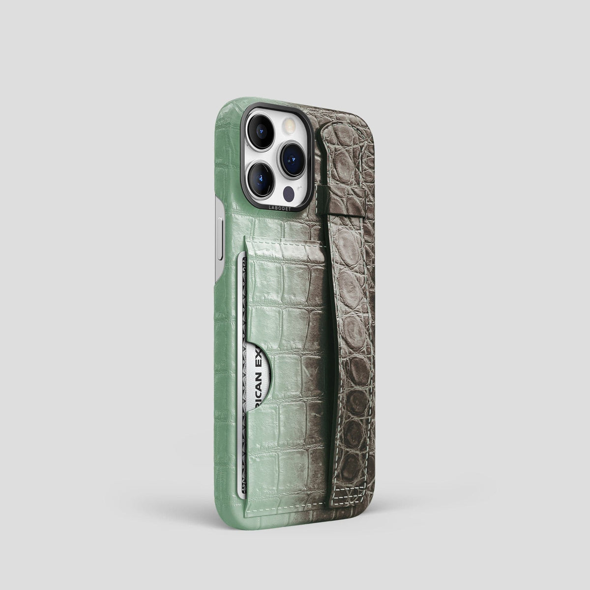 Pistachio iPhone 14 Pro Cardholder Strap Himalayan Crocodile with Black Metal -2 | Pistachio-Black