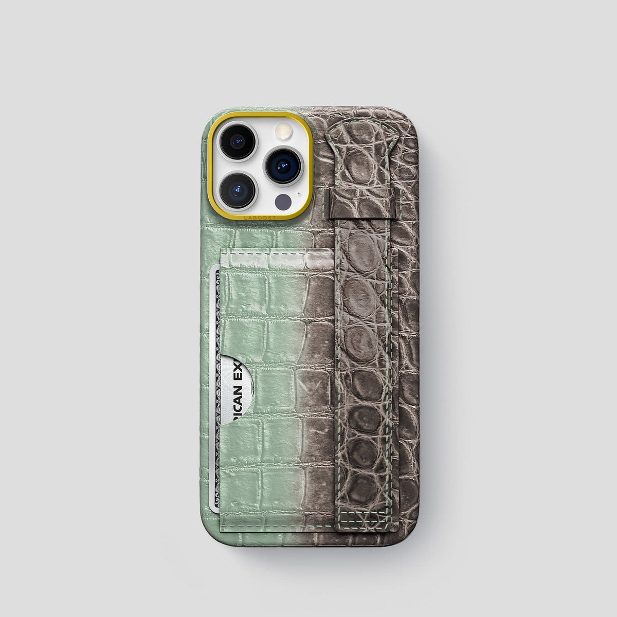 Pistachio iPhone 14 Pro Cardholder Strap Himalayan Crocodile with Gold Metal -1 | Pistachio-Gold