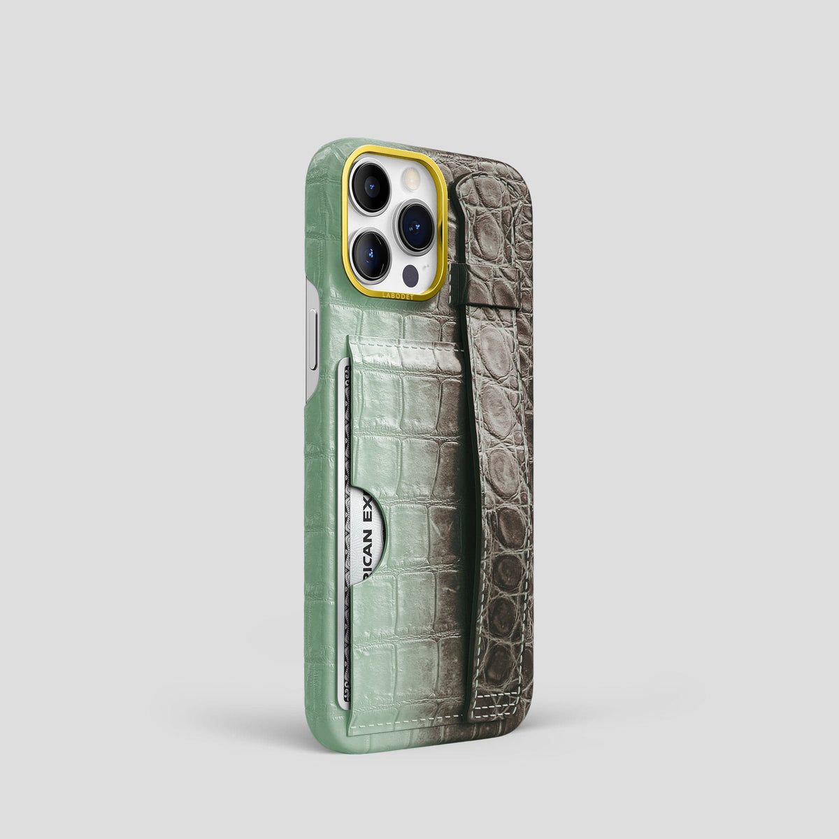 Pistachio iPhone 14 Pro Cardholder Strap Himalayan Crocodile with Gold Metal -2 | Pistachio-Gold