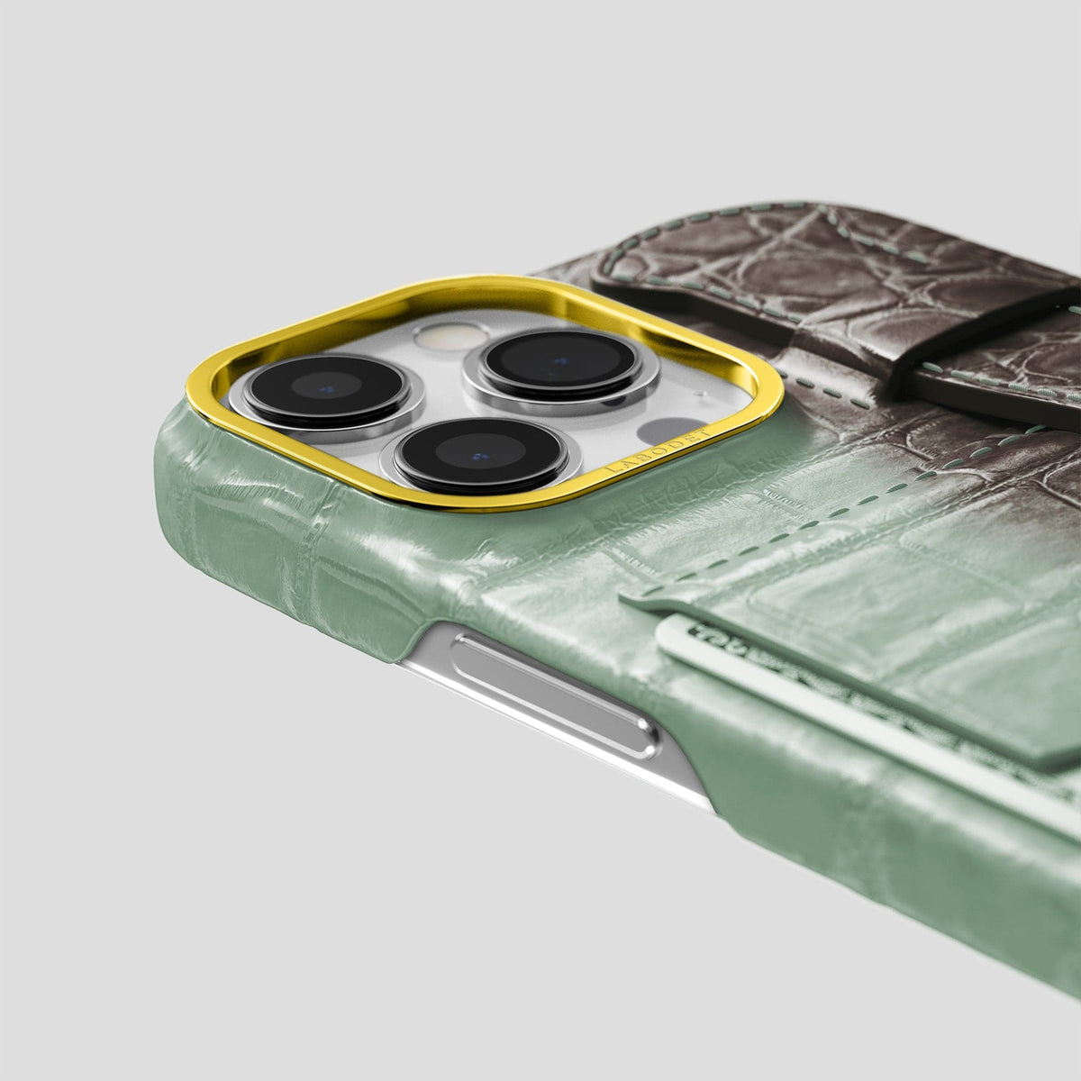 Pistachio iPhone 14 Pro Cardholder Strap Himalayan Crocodile with Gold Metal -5 | Pistachio-Gold