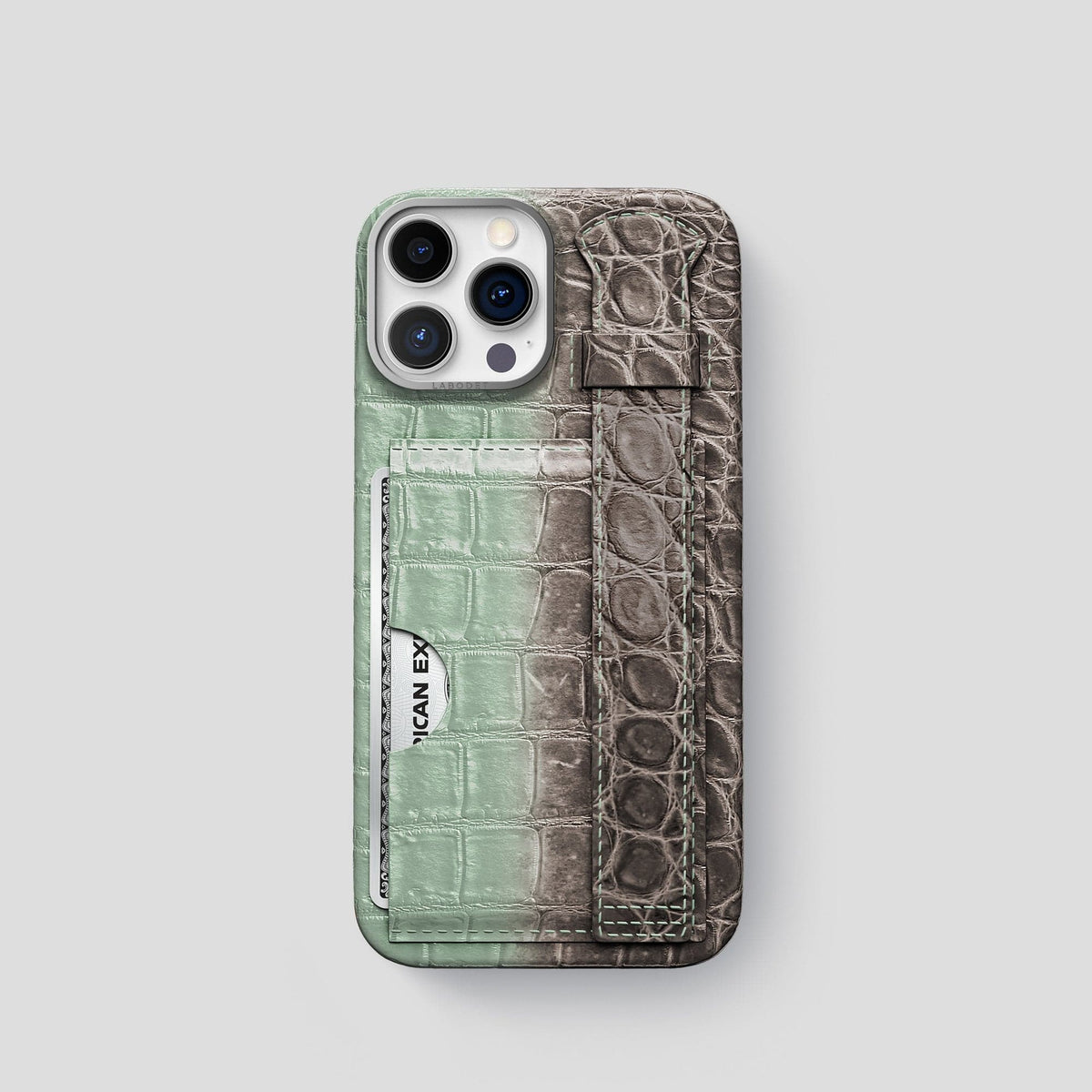 Pistachio iPhone 14 Pro Cardholder Strap Himalayan Crocodile with Steel Metal -1 | Pistachio-Steel