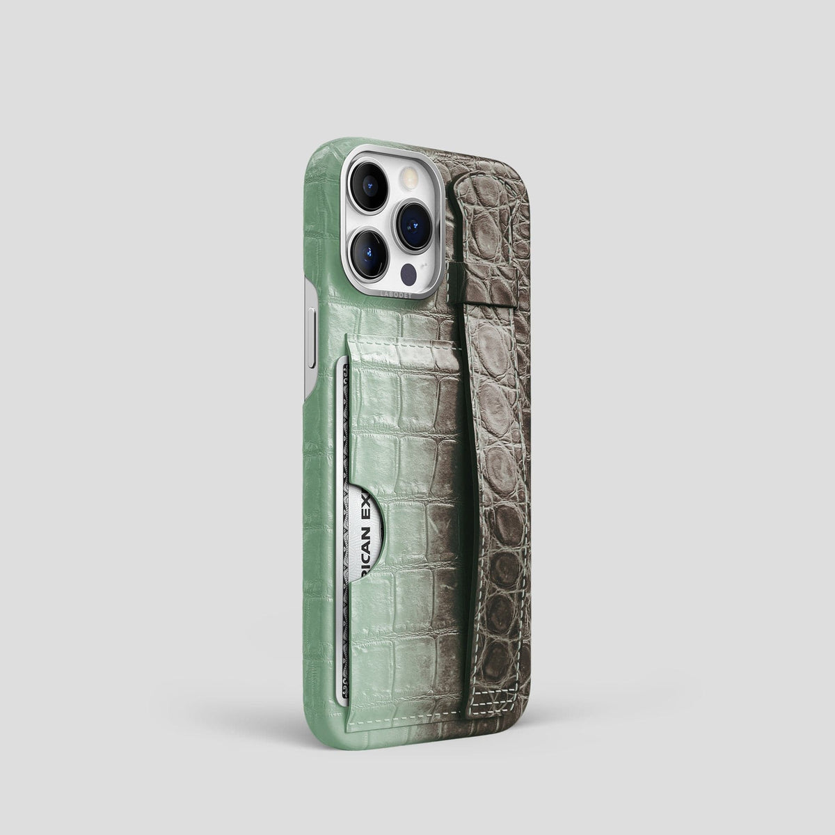 Pistachio iPhone 14 Pro Cardholder Strap Himalayan Crocodile with Steel Metal -2 | Pistachio-Steel