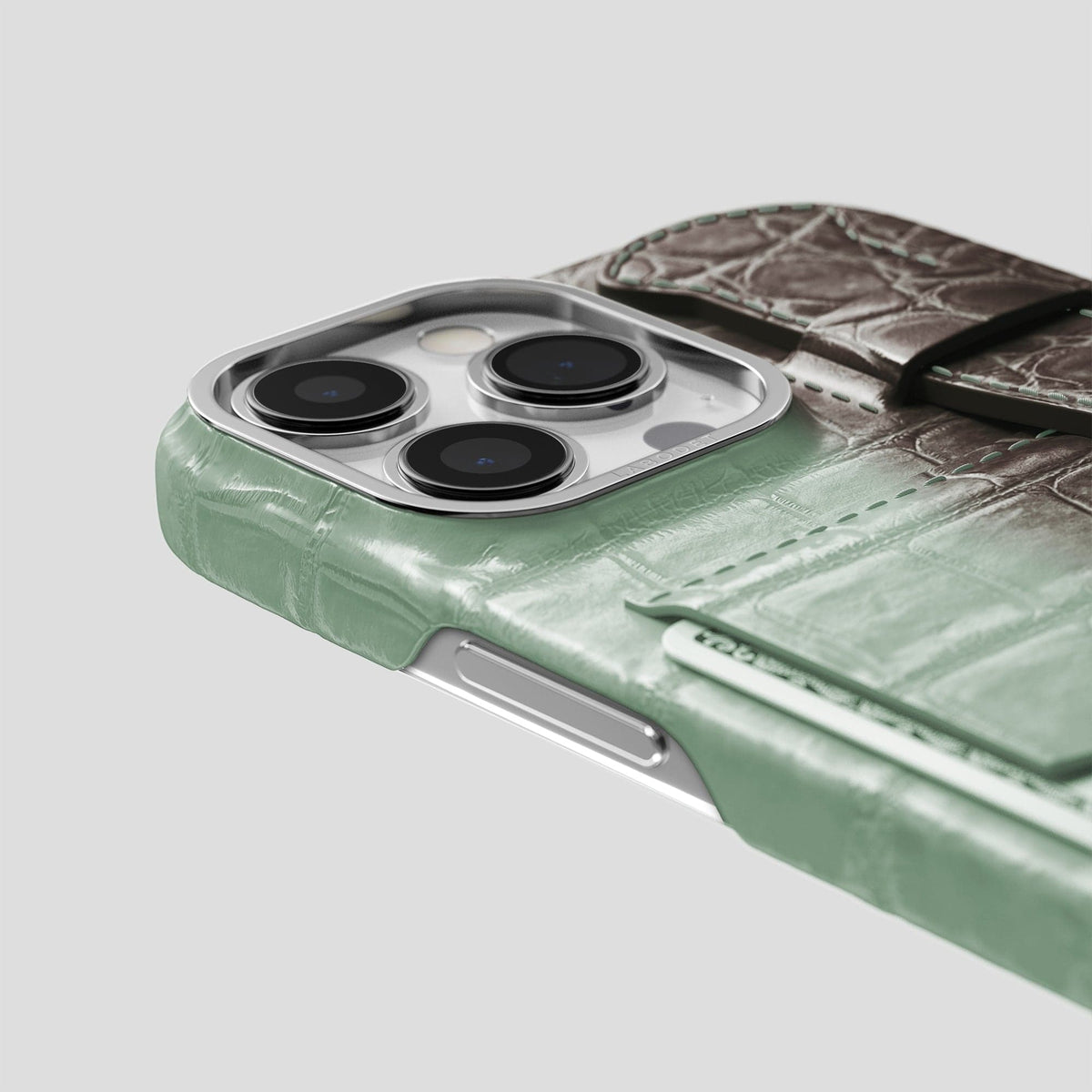 Pistachio iPhone 14 Pro Cardholder Strap Himalayan Crocodile with Steel Metal -5 | Pistachio-Steel