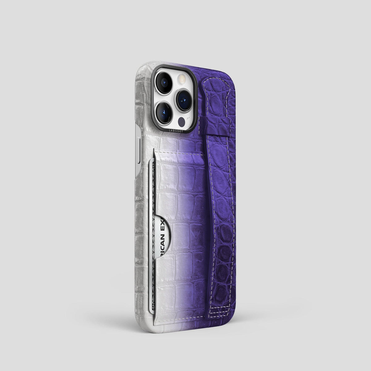 Purple iPhone 14 Pro Cardholder Strap Himalayan Crocodile with Black Metal -2 | Purple-Black