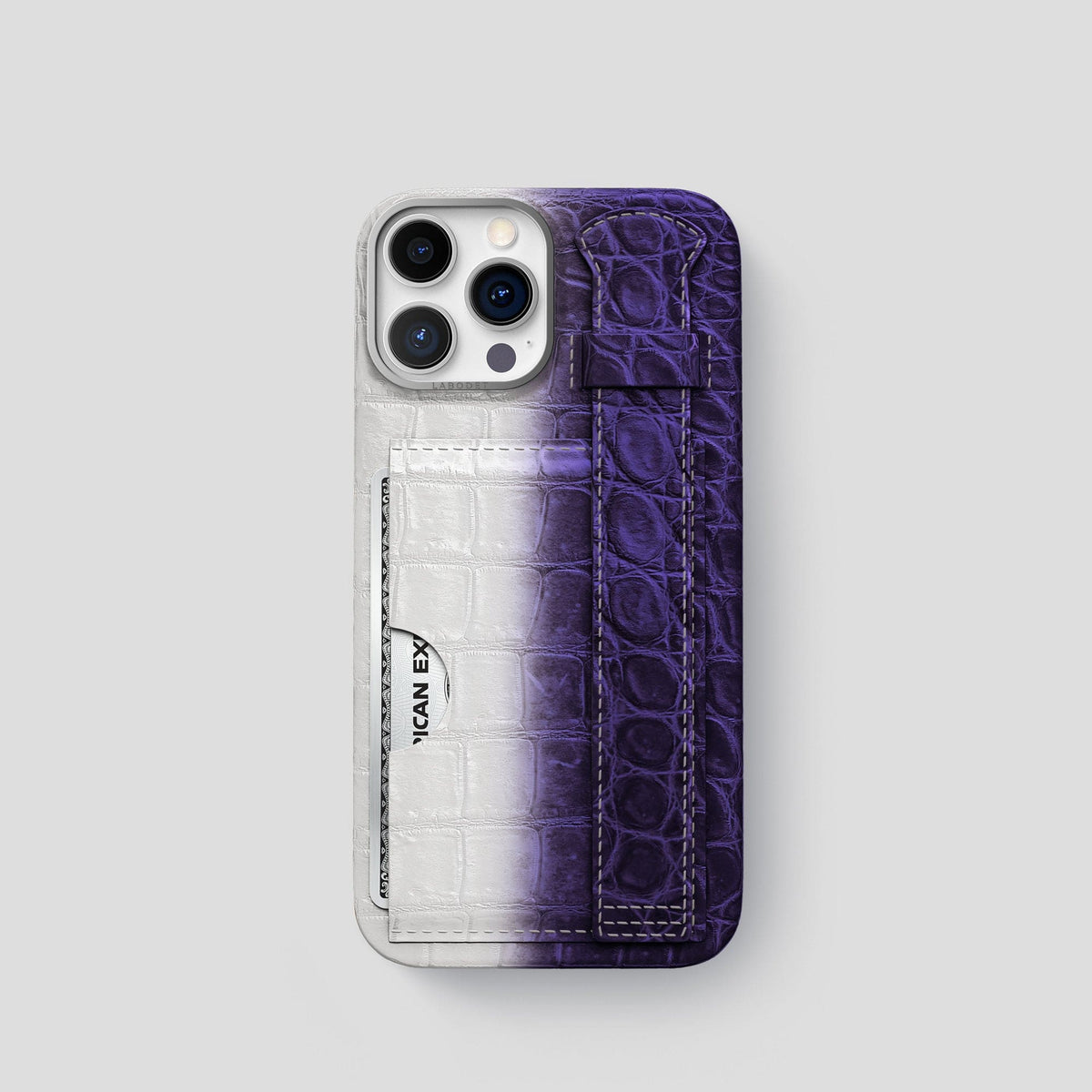 Purple iPhone 14 Pro Cardholder Strap Himalayan Crocodile with Steel Metal -1 | Purple-Steel