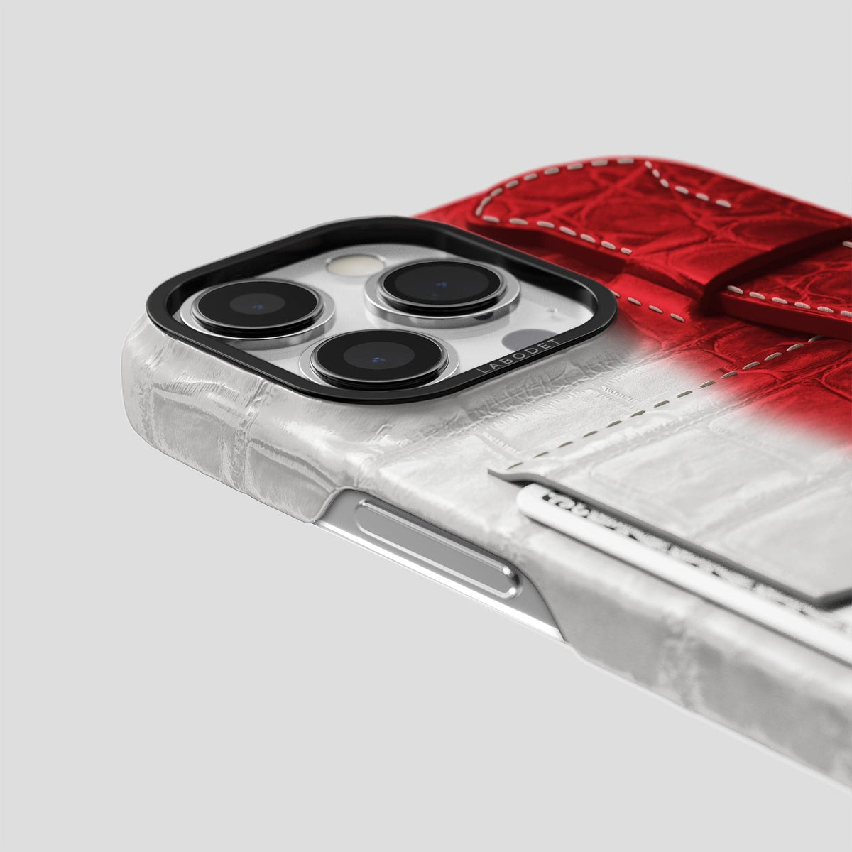 Red iPhone 14 Pro Cardholder Strap Himalayan Crocodile with Black Metal -5 | Red-Black