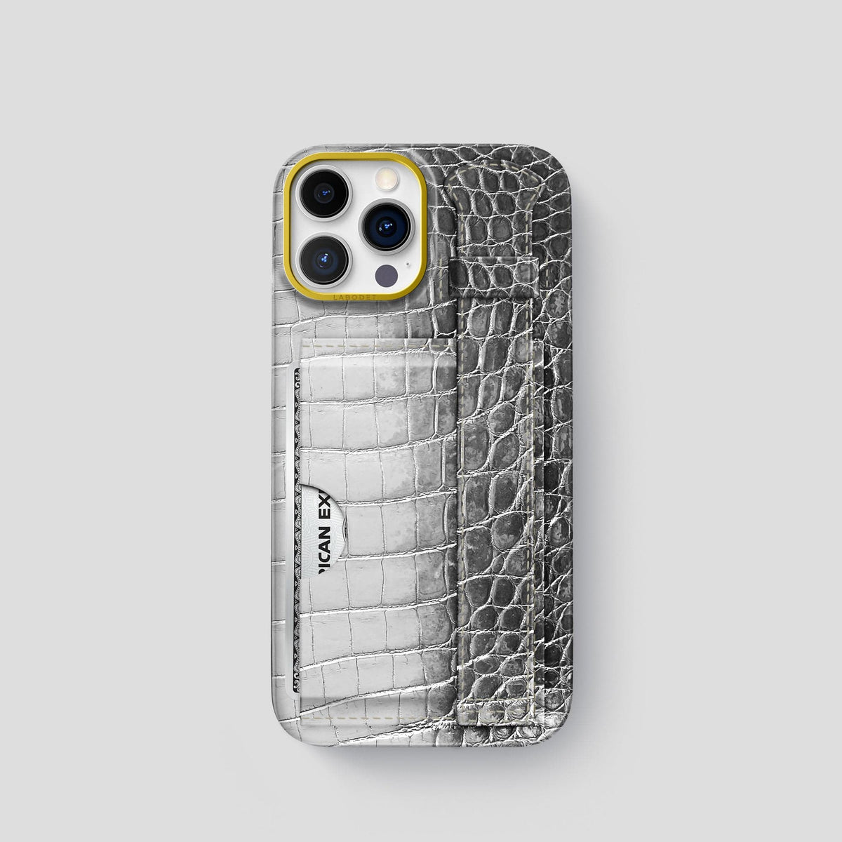 Silver iPhone 14 Pro Cardholder Strap Himalayan Crocodile with Gold Metal -1 | Silver-Gold