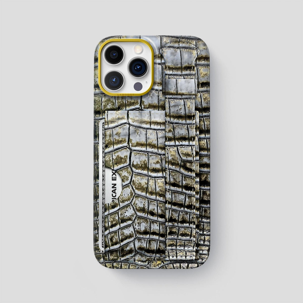 Antique-Bronze iPhone 14 Pro Max Cardholder Strap Himalayan Crocodile with Gold Metal -1 | Antique-Bronze-Gold