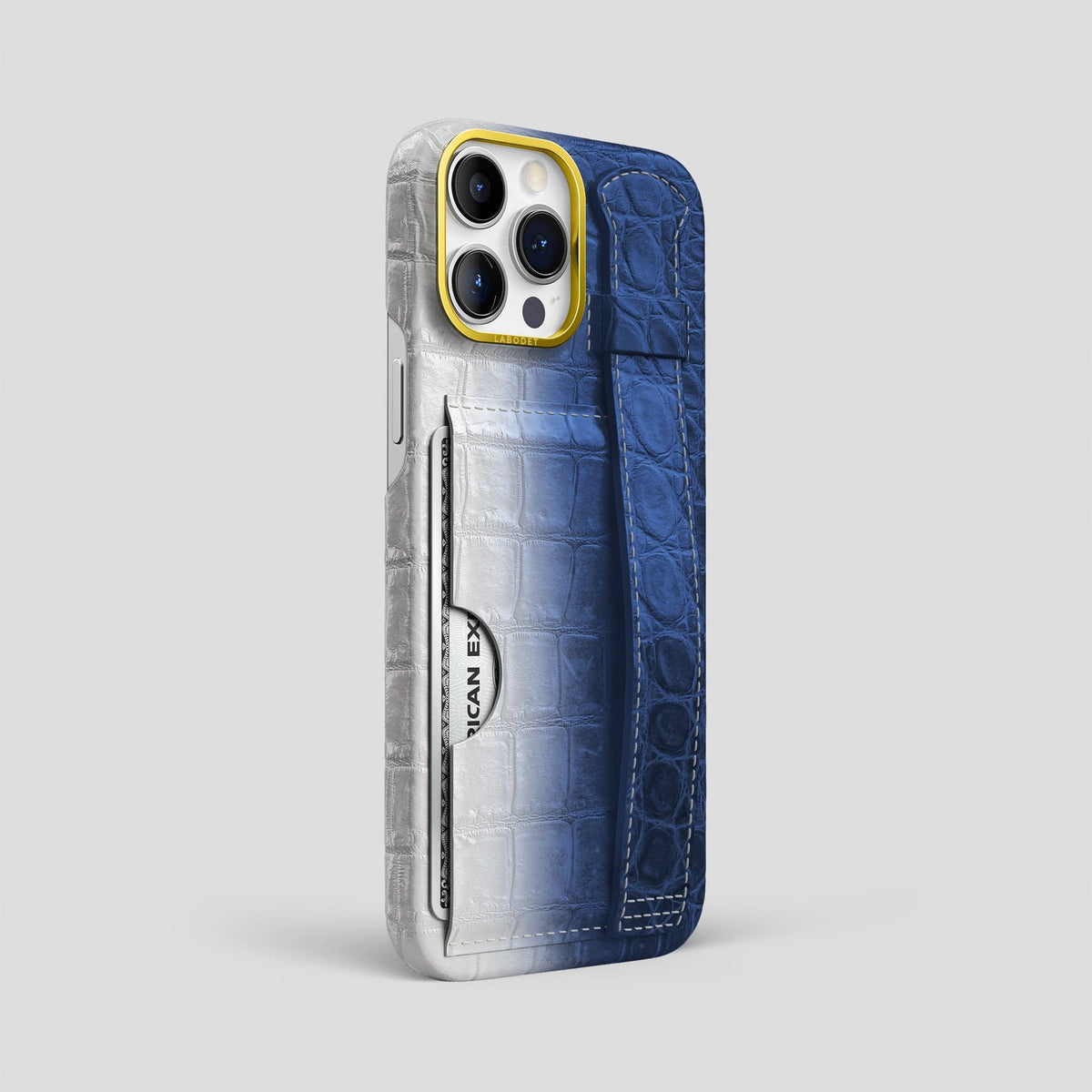 Navy Blue iPhone 14 Pro Max Cardholder Strap Himalayan Crocodile with Gold Metal -2 | Navy-Blue-Gold