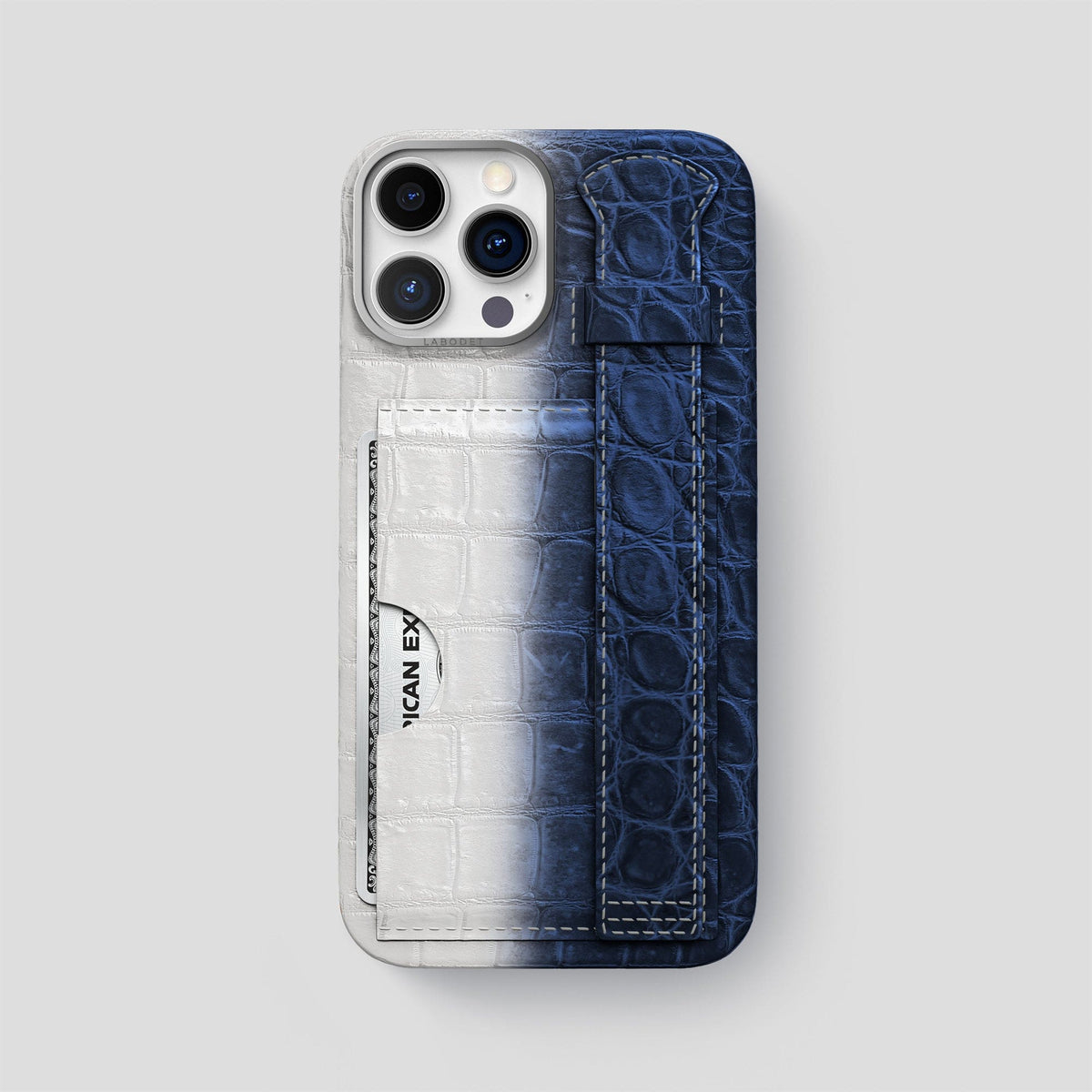 Navy Blue iPhone 14 Pro Max Cardholder Strap Himalayan Crocodile with Steel Metal -1 | Navy-Blue-Steel
