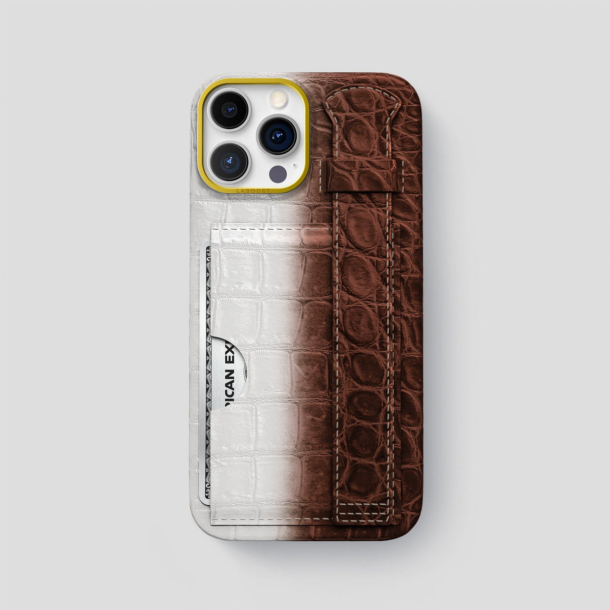 Dark Brown iPhone 14 Pro Max Cardholder Strap Himalayan Crocodile with Gold Metal -1 | Dark-Brown-Gold