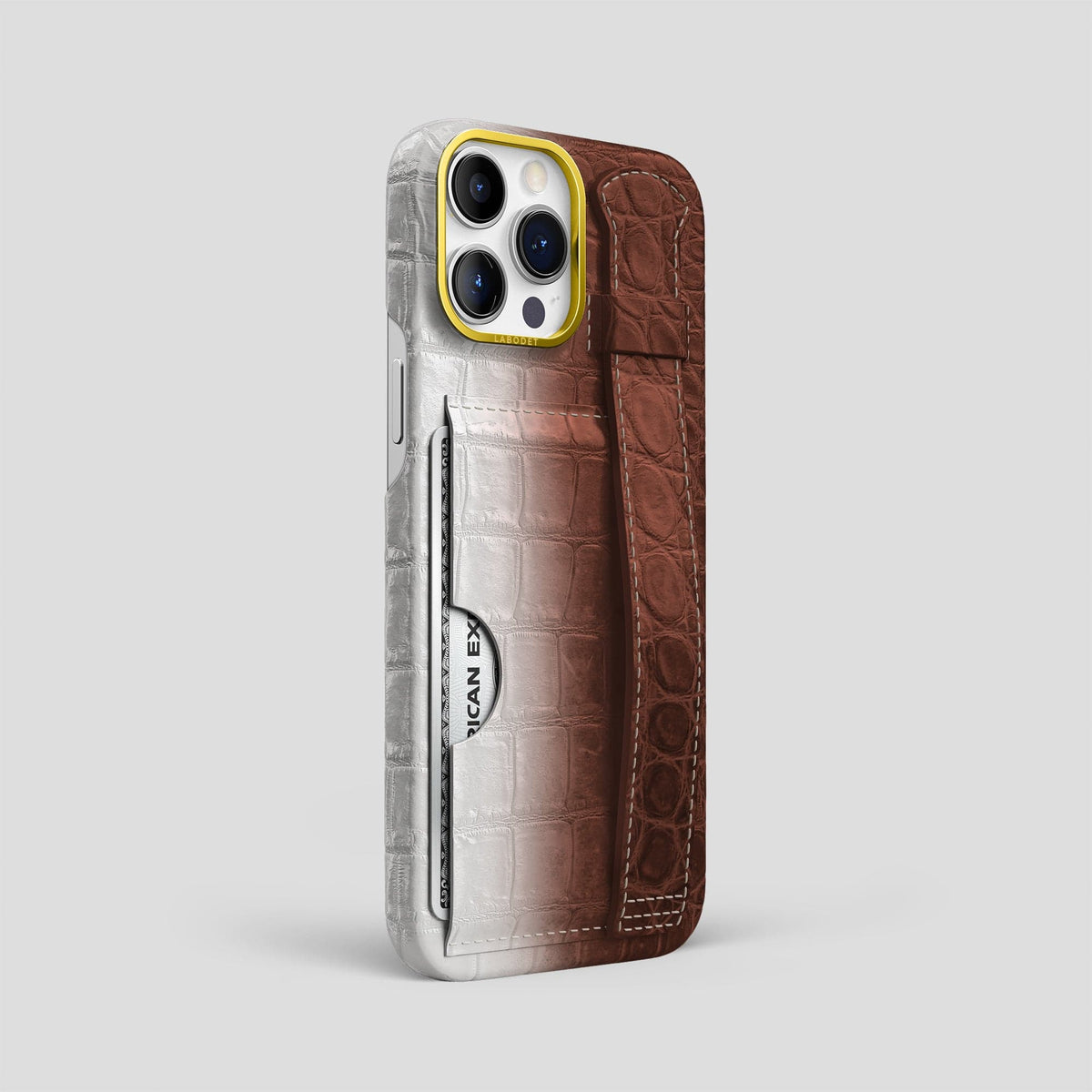 Dark Brown iPhone 14 Pro Max Cardholder Strap Himalayan Crocodile with Gold Metal -2 | Dark-Brown-Gold