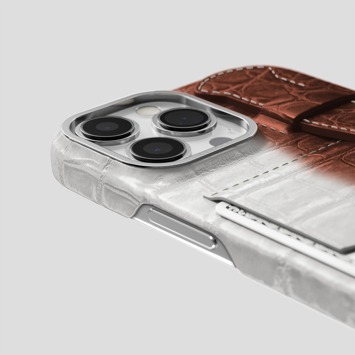 Dark Brown iPhone 14 Pro Max Cardholder Strap Himalayan Crocodile with Steel Metal -5 | Dark-Brown-Steel