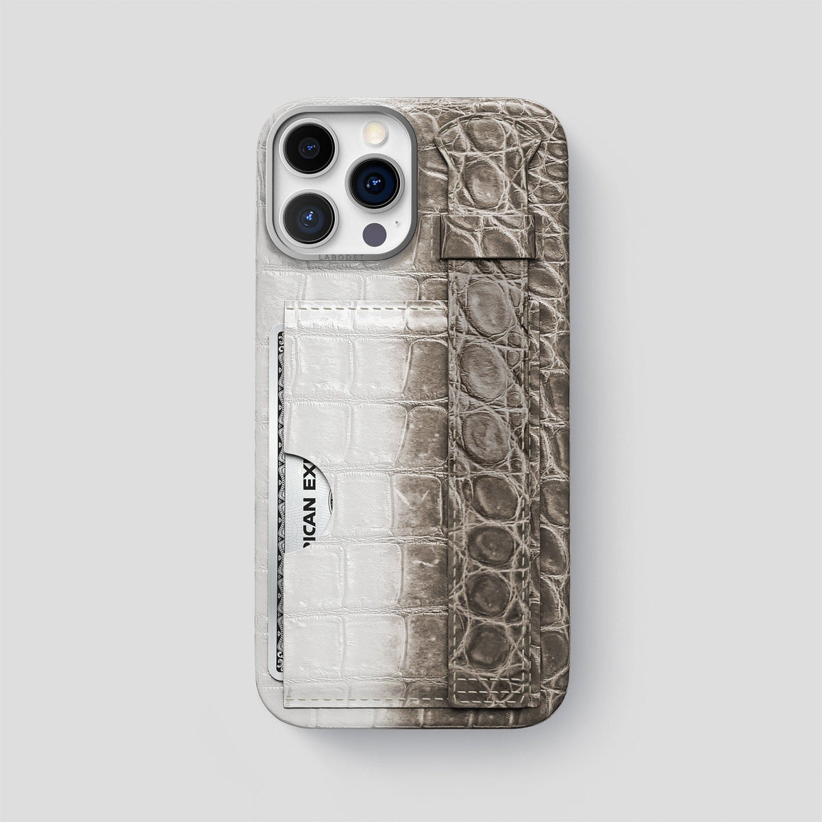 Dark iPhone 14 Pro Max Cardholder Strap Himalayan Crocodile with Steel Metal -1 | Dark-Steel