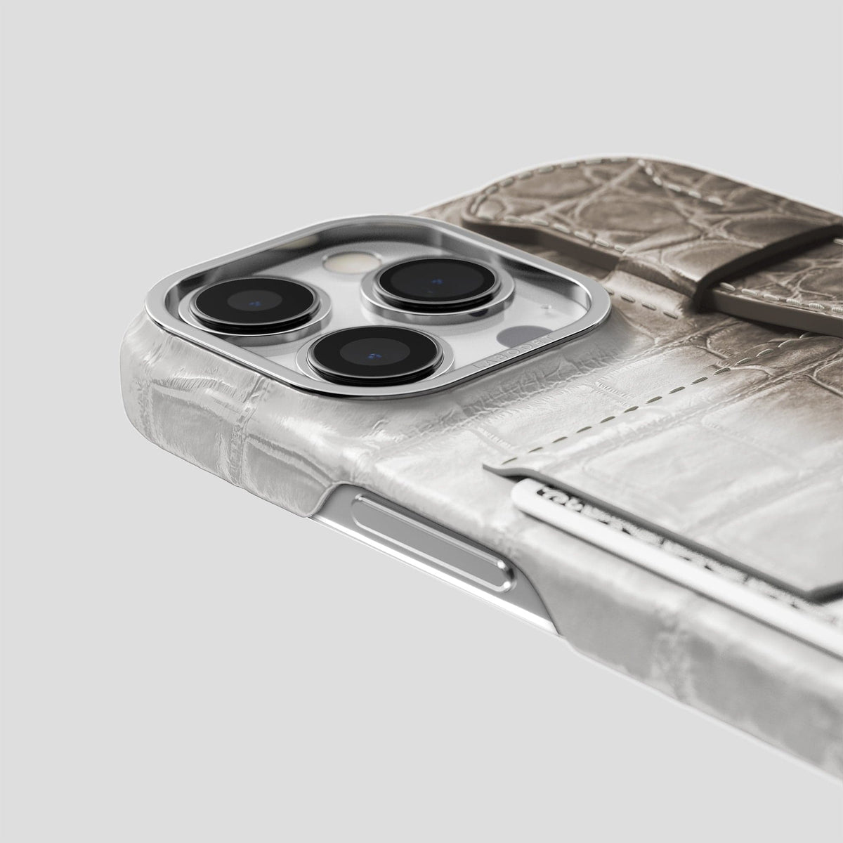 Dark iPhone 14 Pro Max Cardholder Strap Himalayan Crocodile with Steel Metal -5 | Dark-Steel