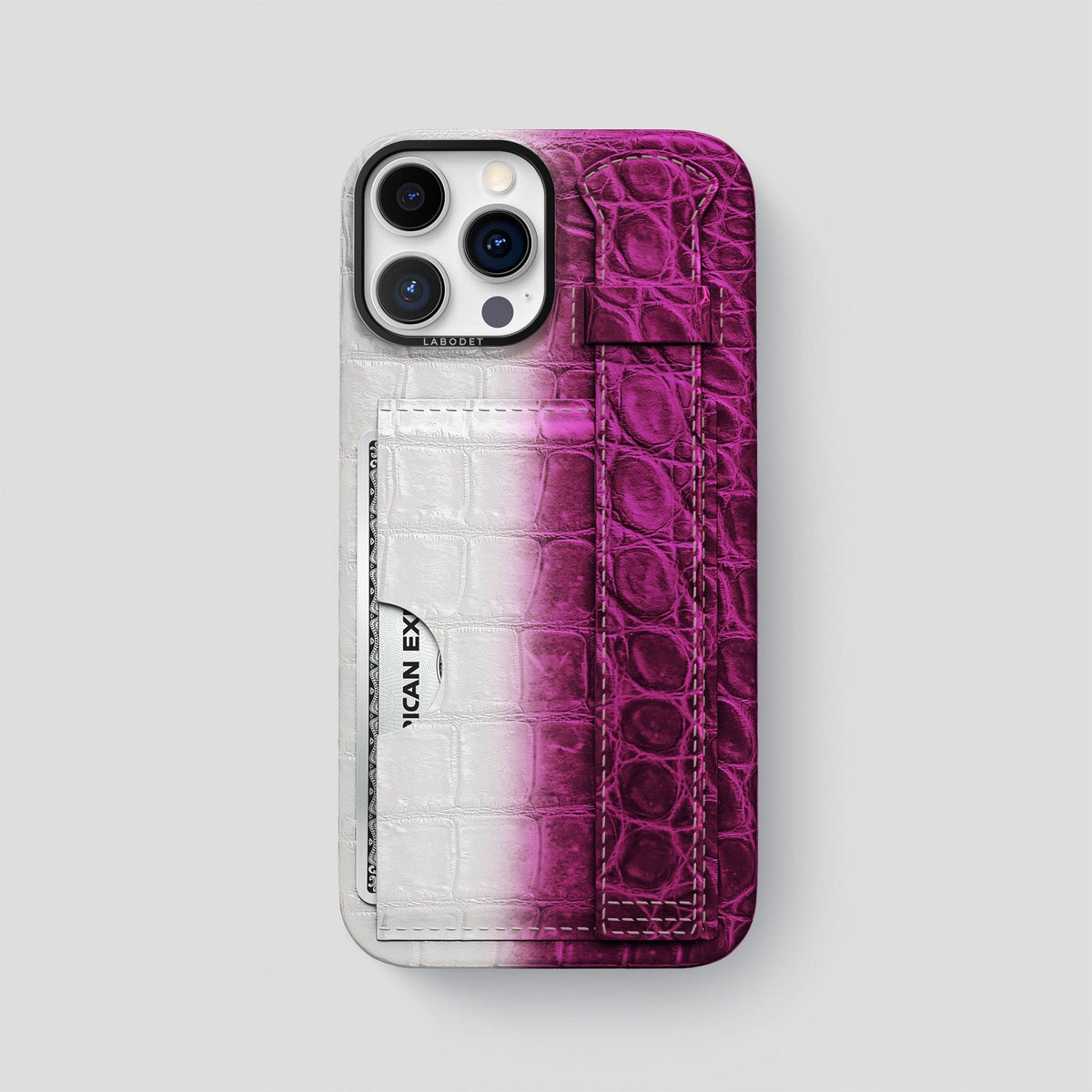 Fuchsia iPhone 14 Pro Max Cardholder Strap Himalayan Crocodile with Black Metal -1 | Fuchsia-Black